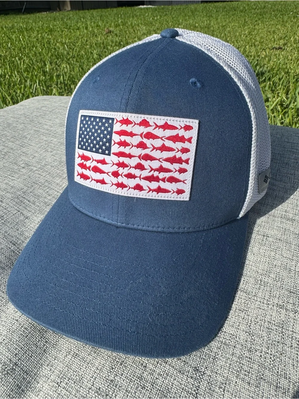 Columbia PFG white and blue mesh trucker hat